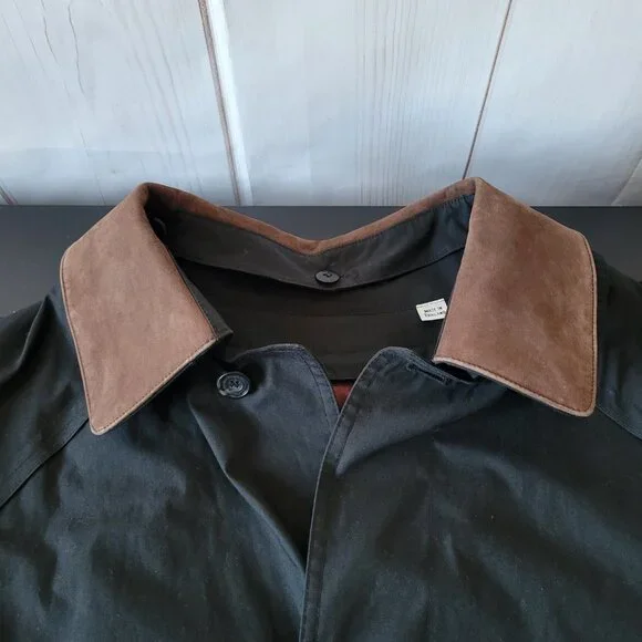London Fog Men’s Sz 46 Long Black Trench Coat, Lined, Button Front, EUC